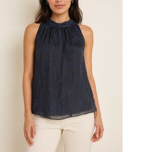 Women's Halter Blouse Large Silk Blend Navy Embroidered Boho Made in Italy